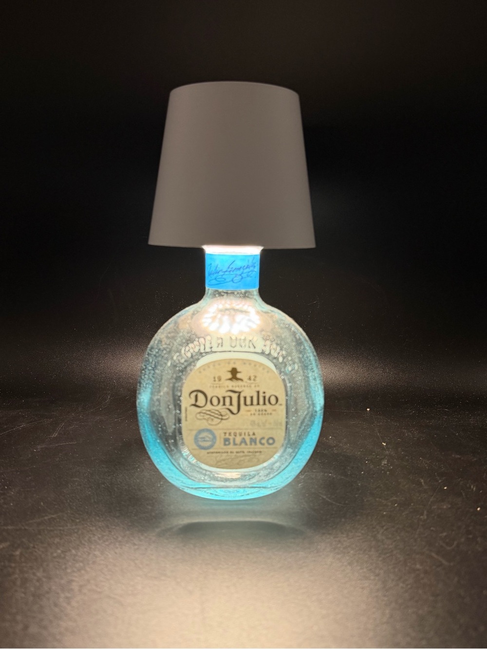Repurposed Don Julio Blanco bottle with rechargeable lamp top